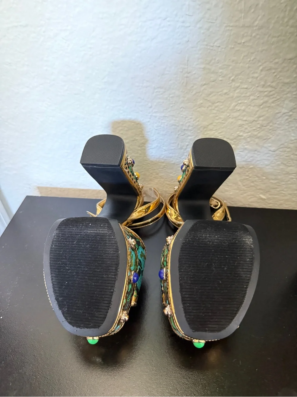 BAMBOO Gold-Trim Emerald Floral Platform Sandals
